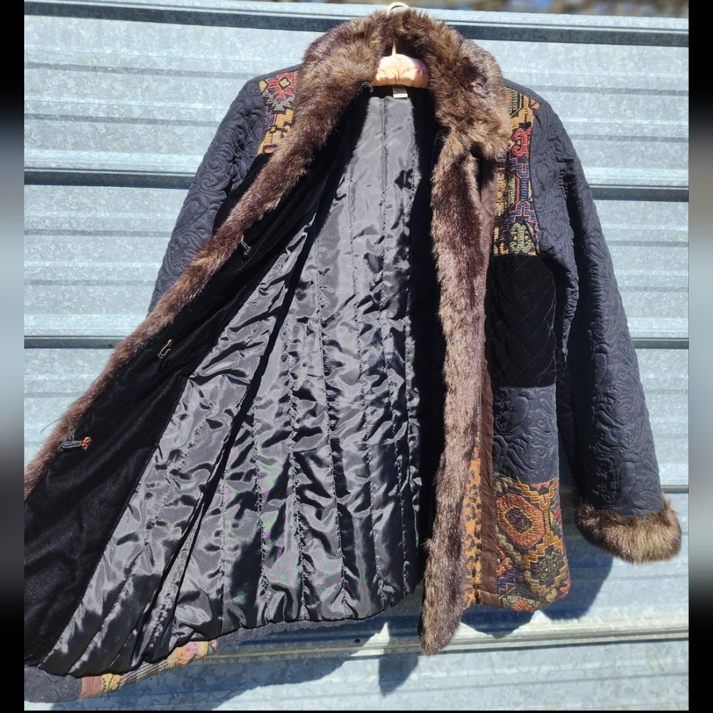 VINTAGE Faux Fur Unique Colorful Quilted Winter Coat - Picture 8 of 13